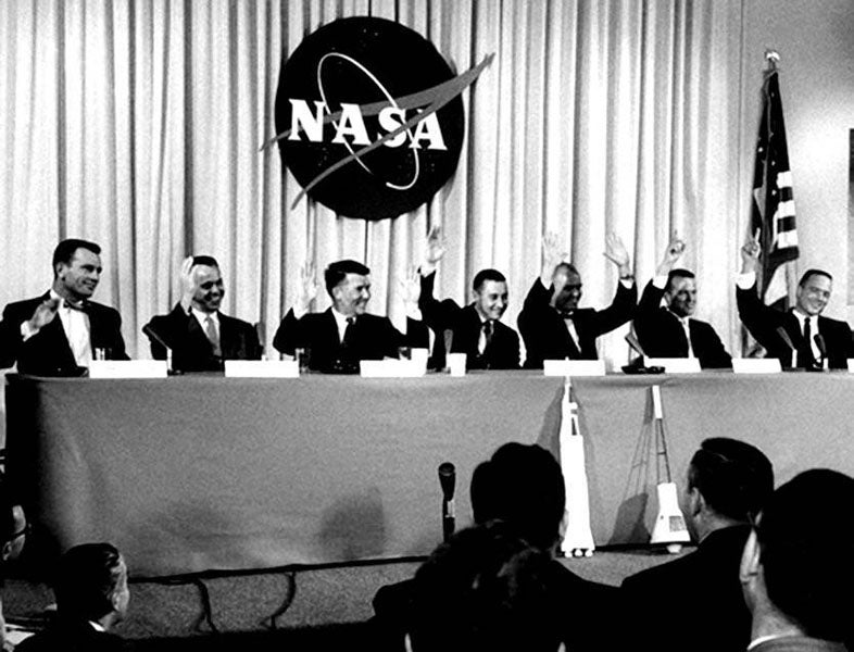 The seven Mercury astronauts being introduced to the press, Apr. 9, 1959, in the ballroom of the Dolley Madison House, Washington, D.C. (nasa.gov/history)