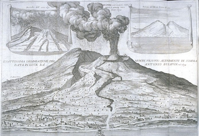 Eruption of Mount Vesuvius in 1964, accompanied with two illustration of the eruption in 1631. Image source: Bulifon, Antonio. Raguaglio istorico dell incendio del Monte Vesuvio succenduto nel mese d’Aprile 1694: con una breve notizia degl’incendi antecendenti. Naples: presso Antonio Bulifon, 1696, frontispiece.