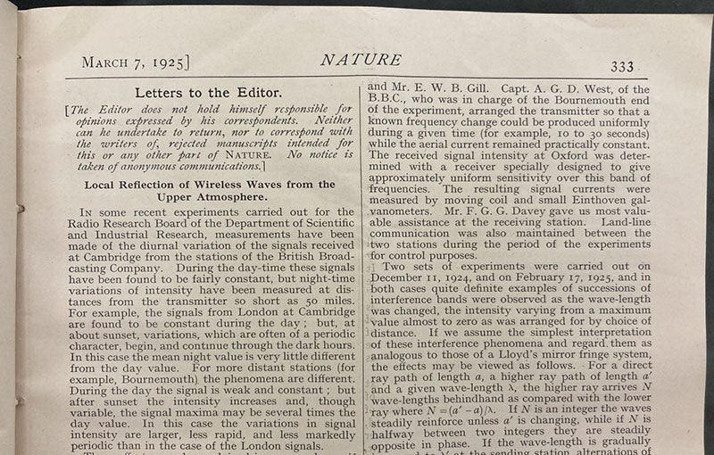 Beginning of letter to the editor by Edward Victor Appleton and Miles Barnett on the detection of a reflecting atmospheric layer (ionosphere) on Dec. 11, 1924, Nature, vol. 115, 1925 (Linda Hall Library)