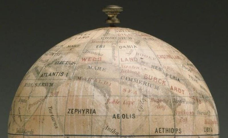 Detail of the upper hemisphere of the Niesten Mars globe (first image), 1892, in the Science Museum, London (jstor.org) 