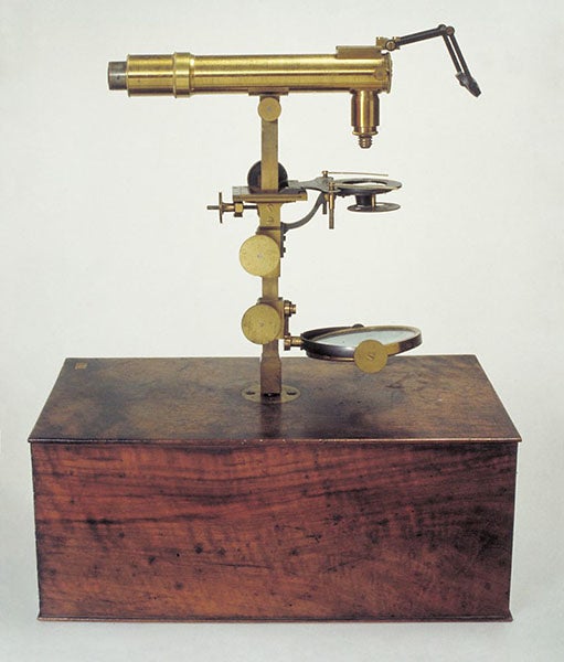 Microscope by Giovanni Battista Amici, 1827, very similar to the one used by Agostino Bassi to identify the fungus causing muscardine in silkworms, Museo Galileo, Florence (Wikimedia commons)