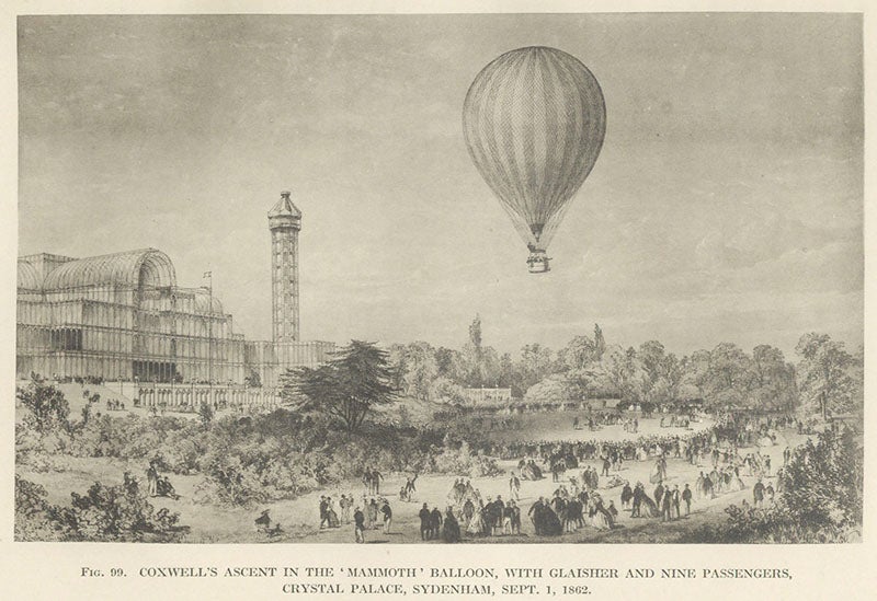 Ascent of the Mammoth from Crystal Palace, Sydenham Park, London, Sep. 1, 1862, with Glaisher, Coxwell and 7 others aboard, photogravure in The History of Aeronautics in Great Britain, 1924 (Linda Hall Library)