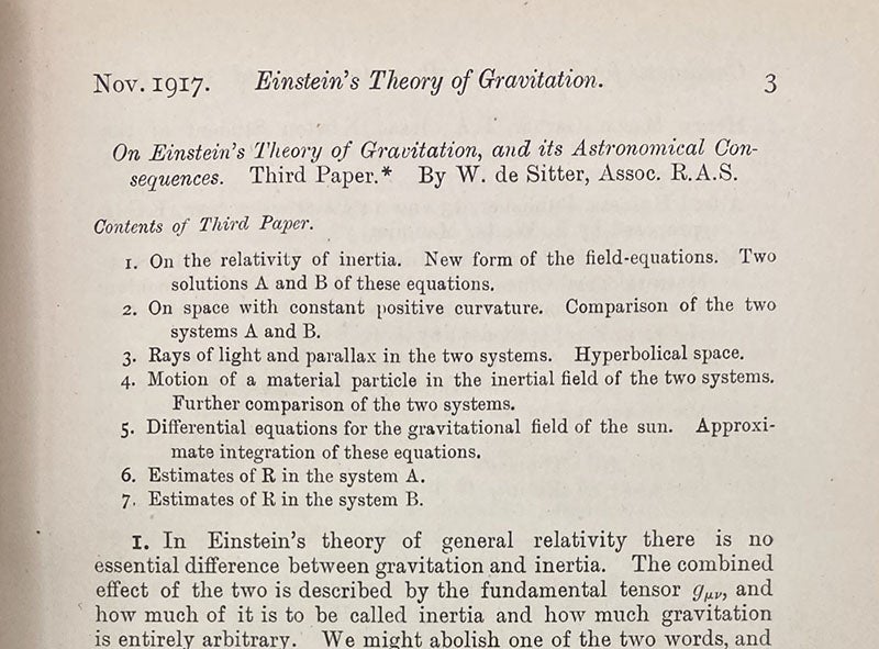 First page of third paper by William de Sitter on Einstein’s application of general relativity to astronomy, Monthly Notices of the Royal Astronomical Society, vol. 78, 1917 (Linda Hall Library)