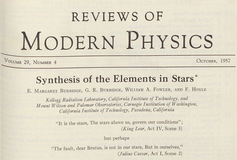 Detail of the first page of the B2FH paper on stellar nucleosynthesis, by Margaret Burbidge, Geoffrey Burbidge, Willy Fowler, and Fred Hoyle, Reviews of Modern Physics, vol. 29, 1957 (Linda Hall Library)