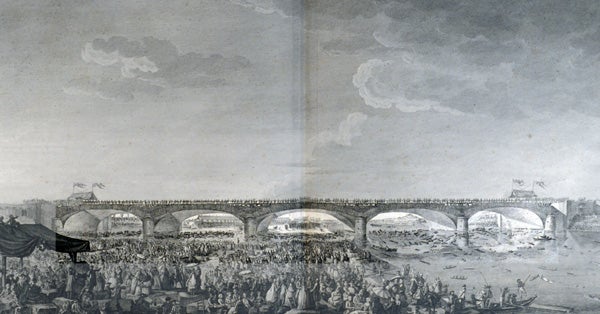 Pont de Neuilly just after the simultaneous release of center supports. Image source: Perronet, Jean-Rodolphe. Description des projets et de la construction des ponts de Neuilly, de Mantes, d'Orléans & autres; du projet du canal de Bourgogne, pour la communication des deux Mers par Dijon. Paris, De l'Imprimerie royale, 1782-83.