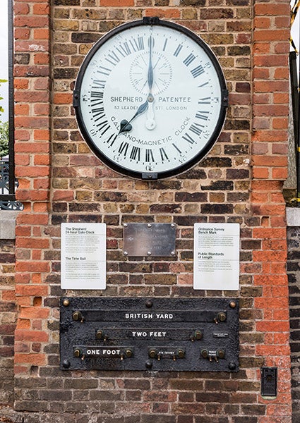 The Charles Shepard gate clock, a sympathetic clock run by electrical signals, installed in 1852 at Greenwich Observatory, recent photograph (Wikimedia commons)
