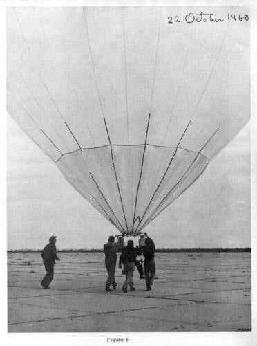 The launch of the first (but unnamed) modern hot-air balloon, Oct. 22, 1960, with Ed Yost in a suspended chair that passed for a gondola (santafenewmexican.com)