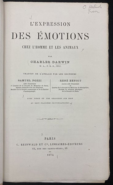  Title page, L'expression des émotions chez l'homme et les animaux, by Charles Darwin, translated from the English by Samuel Pozzi and René Bénoit, 1874 (Linda Hall Library)