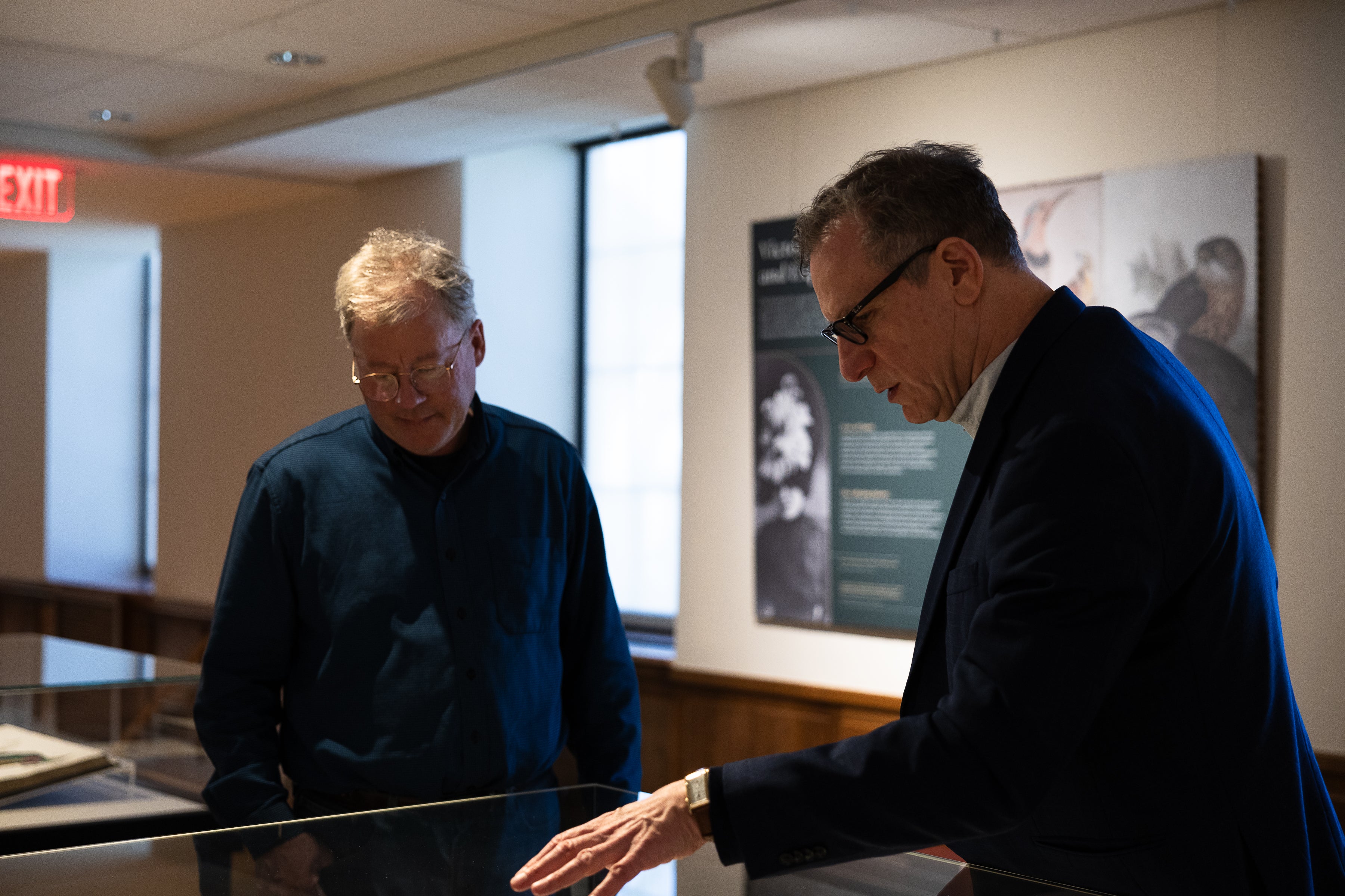 Pictured: David Sibley and Eric Dorfman viewing Chained to the Sky. 