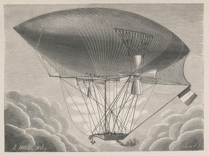 Dirigible, wood-engraved frontispiece, Gabriel Yon, Note sur la direction des aerostat, 1880 (Linda Hall Library)