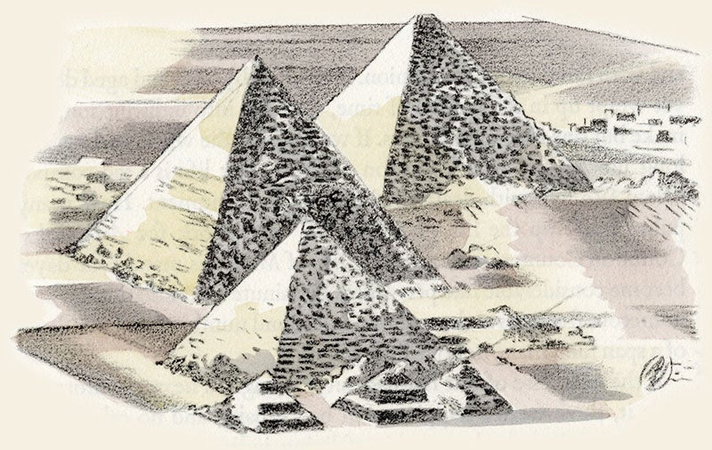Pyramids, pochoir hand-colored print from a watercolor by Paul Nash, in Urne Buriall and the Garden of Cyrus, by Thomas Browne, printed by Curwen Press, 1932, copy for sale by Goldmark Art (goldmarkart.com)