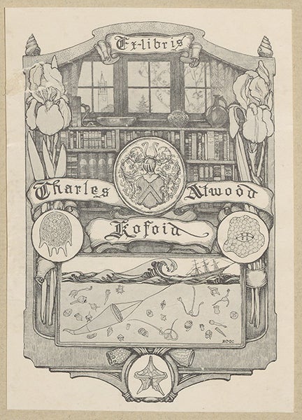 Bookplate of Charles Kofoid, from his copy of Conrad Gessner, Historia animalium, vol. 1, 1551 (Linda Hall Library)
