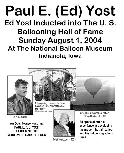 Front side of the flyer distributed at the induction ceremony for Ed Yost into the Ballooning Hall of Fame in 2004 (nationalballoonmuseum.com)