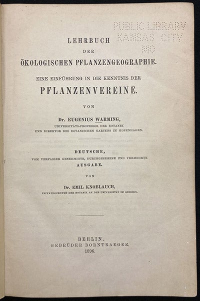 Title page, Lehrbuch der ökologischen Pflanzengeographie, by Eugenius Warming, 1896 (Linda Hall Library)
