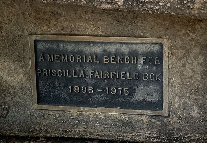 The plaque on the Priscilla Bok Memorial Bench, in the aviary at the Arizona Sonoma Desert Museum, Tucson (photo by David Rossetter, courtesy of David Levy)