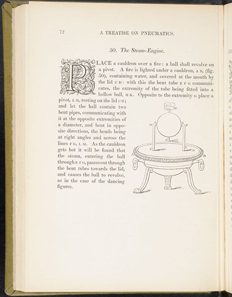Steam engine (aeolipile), line drawing, The Pneumatics of Hero of Alexandria, transl. for and ed. by Bennet Woodcroft, 1851. (Linda Hall Library)
