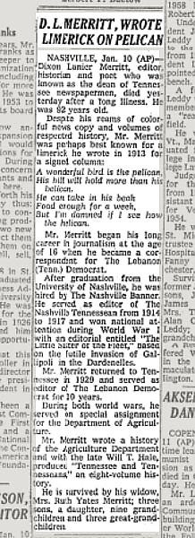 Obituary notice, “D.L. Merritt, Wrote Limerick on Pelican,” New York Times, Jan. 11, 1972 (timesmachine.nytimes.com)