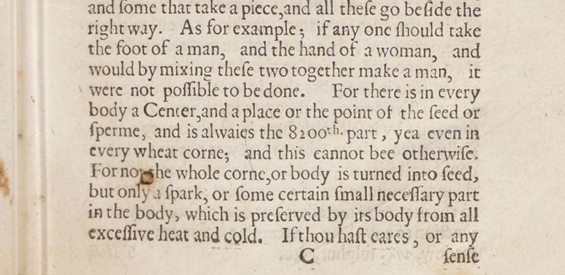 Detail from Treatise 3 with mention of the Sendivogian number, 1/8200, A New Light of Alchymie, by Michael Sendivogius, trans. by John French, 1650 (Linda Hall Library)