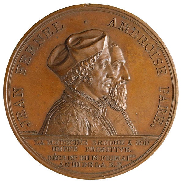 Portrait medal of Jean Fernel (front) and Ambroise Paré, struck in 1774, based on the only known portrait of Fernel, a wood cut of 1554, from an online auction house (filatelie-klim.com)