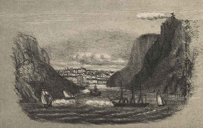 The USS Niagara entering Trinity Bay, Newfoundland, with the western end of the first Atlantic Cable, Aug. 5, 1858, detail of a tinted lithograph in Laying the Atlantic Telegraph Cable from Ship to Shore, by John R. Isaac, 1857-58 (Linda Hall Library)