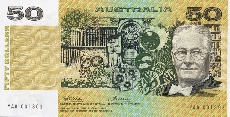 Howard Florey on 50-dollar Australian banknote (Reserve Bank of Australia Museum)