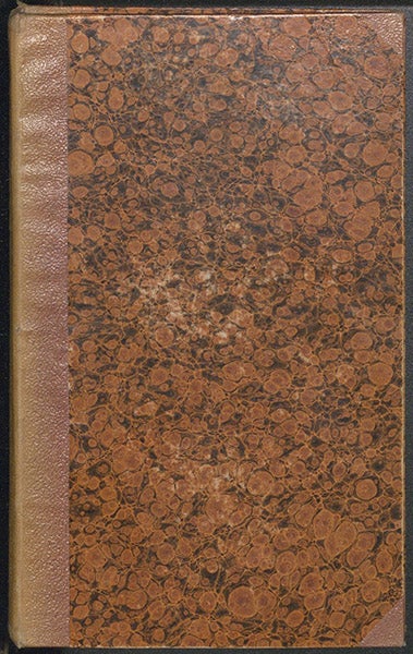 Front cover, marbled paper over boards with cloth spine and corners, Die galvanische Kette, mathematisch bearbeitet, by Georg Ohm, 1827, recent acquisition (Linda Hall Library)