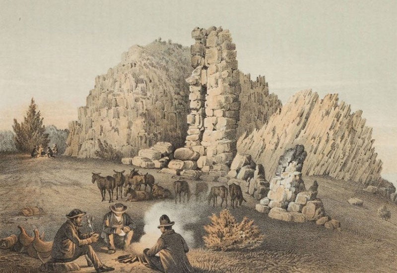Bivouac on Jan. 26 [1854], chromolithograph from a sketch by Balduin Möllhausen, Explorations and Surveys for a Railroad Route from the Mississippi River to the Pacific Ocean: Route near the Thirty-Fifth Parallel, by Amiel W. Whipple (Pacific Railroad Report, 3), 1856 (Linda Hall Library)