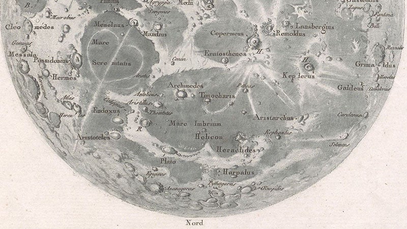 Northern hemisphere of the Moon (north is down), detail of Réduction de la grande carte de la lune de J. Dom. Cassini, broadside engraving, by Jean-Dominique, comte de Cassini, 1788 (Linda Hall Library)