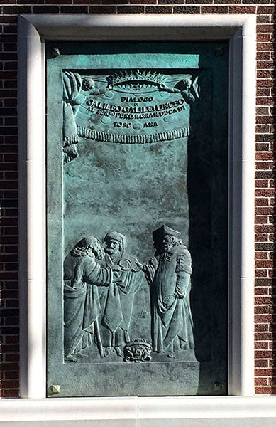 Bronze panel no. 4, based on the engraved frontispiece of Dialogo, by Galileo Galilei, with Aristotle, Ptolemy, and Copernicus in conversation; cast by Bruno Bearzi, 1967, west exterior annex wall, Linda Hall Library