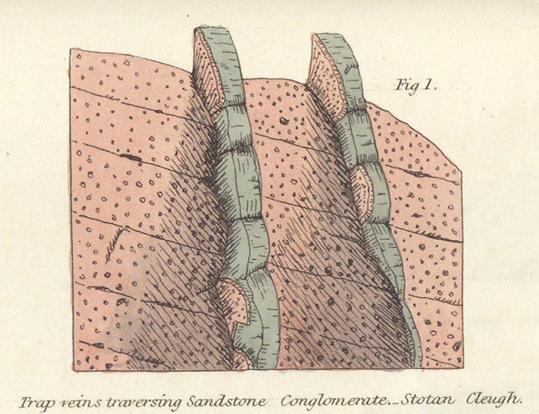 Trap veins traversing sandstone conglomerate, Stotan Cleugh, detail of fifth image, Essay on the Geology of the Lothians, by Robert J. Hay Cunningham, 1838 (Linda Hall Library)