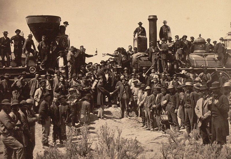 “East and West Shaking Hands at Laying of Last Rail,” Promontory Summit, Utah, imperial collodion glass negative, by Andrew J. Russell, May 10, 1869, Gilder Lehrman Collection (gilderlehrman.org)