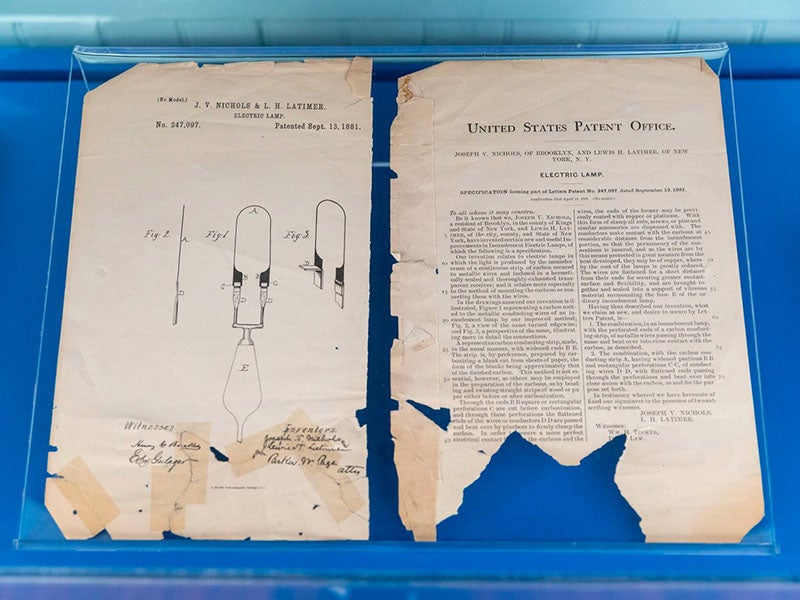 Latimer’s original patent application for an improved method of attaching carbonized light-bulb filaments, 1881, on display at the Lewis H. Latimer House, Flushing, Queens, photo by Elliott Jerome Brown Jr. for The New York Times (nytimes.com)