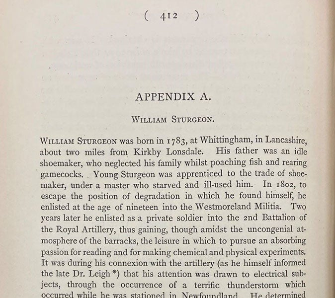 Beginning of eight-page biography of William Sturgeon, The Electromagnet, and Electromagnetic Mechanism, by Silvanus P. Thompson, 1891 (Linda Hall Library)