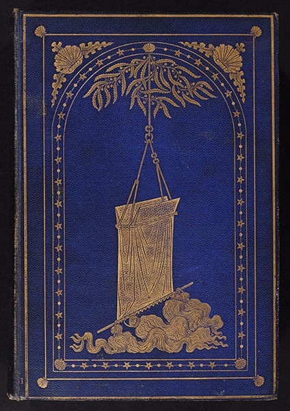 Gold embossed front cover, showing a deep-sea dredge, The Depths of the Sea, by Charles Wyville Thomson, 1873 (Linda Hall Library)