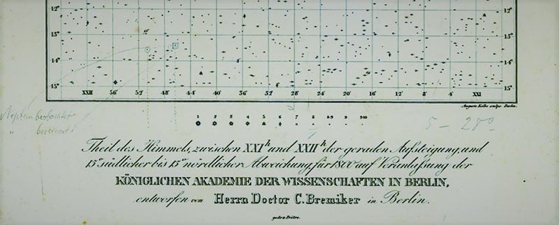 Detail of Carl Bremiker star chart of hour circle 21, with annotations pointing to the position of a new planet predicted by Urbain LeVerrier (square box) and the position of the planet discovered by Johann Galle on Sep. 23, 1846; present location unknown (indico.desy.de)
