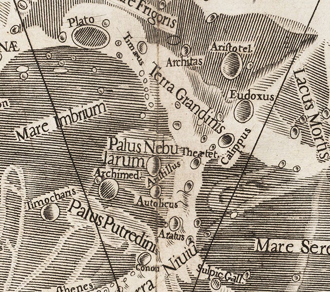 The lunar craters Plato, Aristotle, and Archimedes, detail of second image (Linda Hall Library)