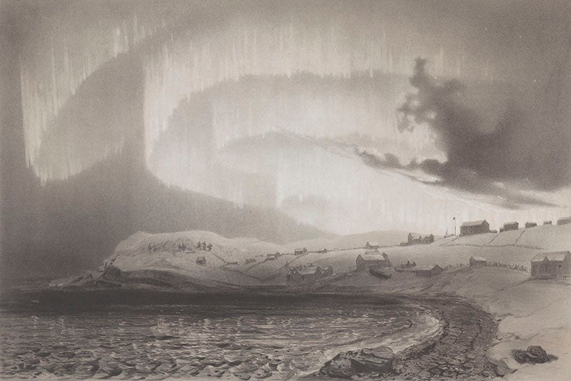 Aurora observed at Bossekop, Finnmark, Jan. 21, 1839, tinted lithograph from Joseph-Paul Gaimard, Voyages … en Scandinavie, en Laponie, au Spitzberg et aux Feröe, 1840-55 Atlas geologique (Linda Hall Library)