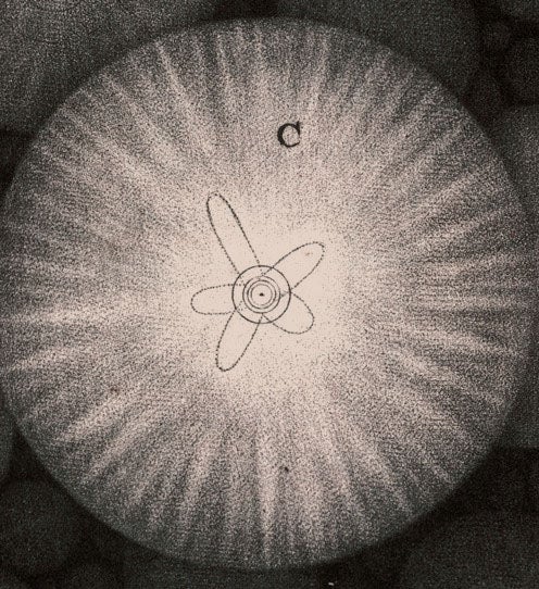 Detail of fourth image, showing the star Sirius with its proposed planets, and also revealing the rocker marks of the mezzotint (Linda Hall Library)