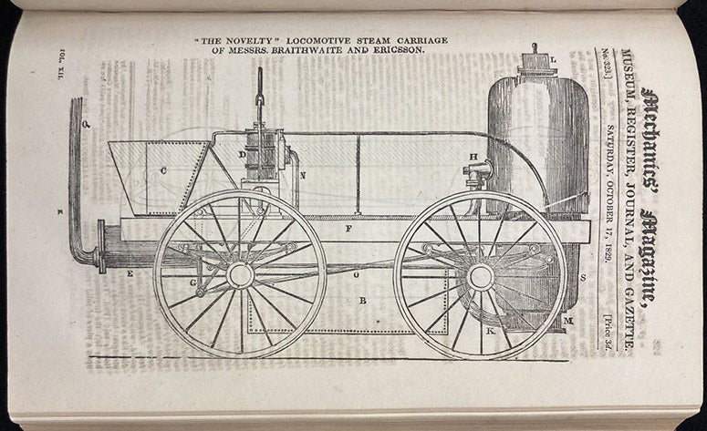 Novelty, locomotive built by John Ericsson and John Braithwaite for the Rainhill Trials, woodcut in Mechanics' Magazine, Register, Journal, and Gazette, vol. 12, p. 129, Oct. 17, 1829 (Linda Hall Library)