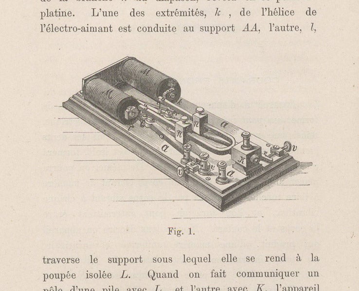 Telegraph transmitter with tuning fork, in La roue phonique, by Poul La Cour, p. 8, 1878 (Linda Hall Library)