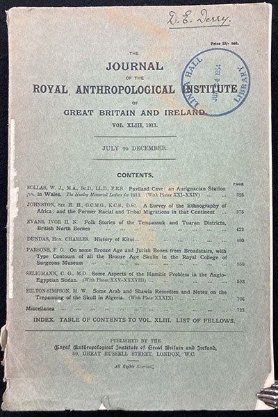 Front cover of volume 43 (1913) of the Journal of the Royal Anthropological Institute, listing opening article by William J. Sollas on Paviland Cave, (Linda Hall Library)