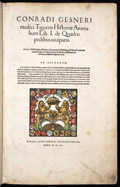 Title page, Conrad Gessner, Historia animalium, vol. 1, 1551, copy formerly belonging to Charles Kofoid (Linda Hall Library)
