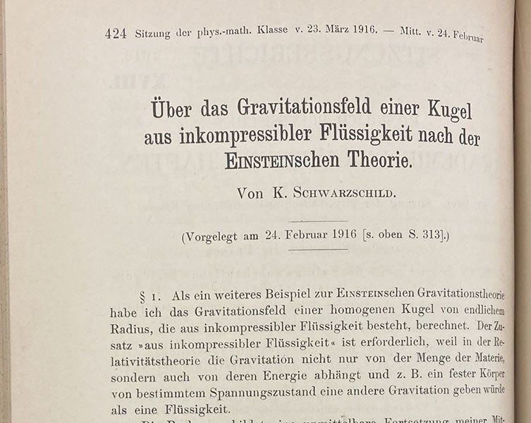 First paragraph, “On the gravitational field of a sphere of incompressible fluid,” by Karl Schwarzschild, Sitzungsberichte der Königlich-Preussischen Akademie der Wissenschaften, page 424, 1916 (Linda Hall Library)