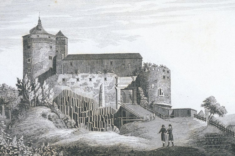 Castle at Stolpen with basalt columns. Image source: Breislak, Scipion. Atlas géologique; ou, Vues d’amas de colonnes basaltiques, faisant suite aux Institutions Géologiques. Atlas, [J.-P. Giegler], 1818, pl. 21.