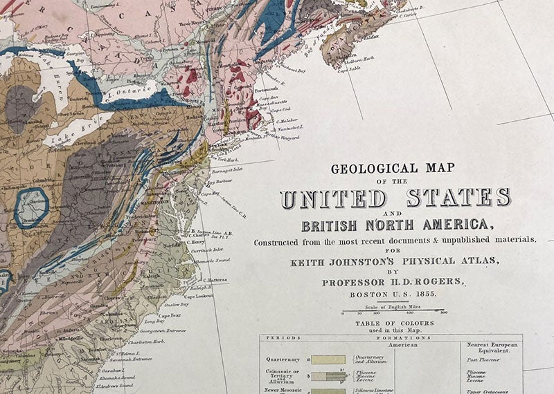 “Geological map of the United States and British North America,” by Henry Darwin Rogers, detail of colored engraving, The Physical Atlas of Natural Phenomena, a new and enl. ed., by Alexander Keith Johnston, plate 8, 1856 (Linda Hall Library)