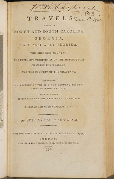Title page, Travels through North and South Carolina, Georgia, East and West Florida …, by William Bartram, 1792 (Linda Hall Library)