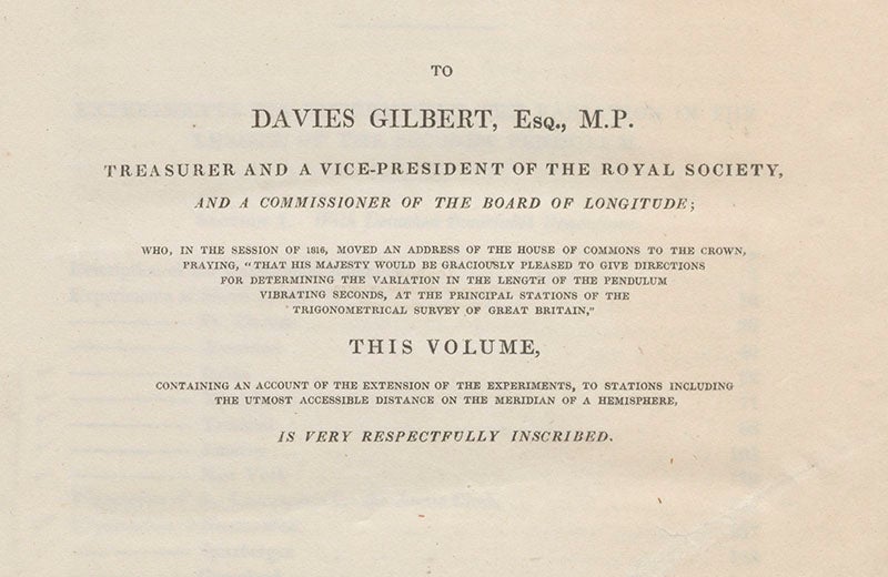 Dedication to Davies Gilbert by Edward Sabine, where he describes Gilbert’s importance for the pendulum survey, in his Account of Experiments, 1825 (Linda Hall Library)