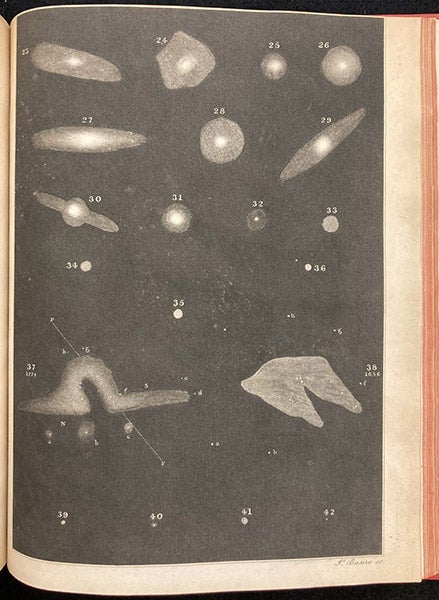 The variety of nebulous celestial objects, second mezzotint accompanying "Astronomical Observations relating to the Construction of the Heavens," by William Herschel, Philosophical Transactions of the Royal Society of London, vol. 101, plate 5, p. 336, 1811; the drawing at bottom right is a historic depiction of the Orion nebula by Christiaan Huygens, 1659 (Linda Hall Library)