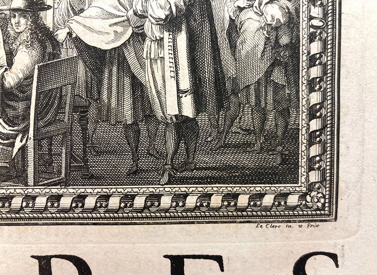 Detail of headpiece showing anatomists at work, with signature of the engraver, Sébastien Le Clerc, and his self-portrait at upper left, in Mémoires pour servir à l'histoire naturelle des animaux, by Claude Perrault, p. 1, 1676 (Linda Hall Library)