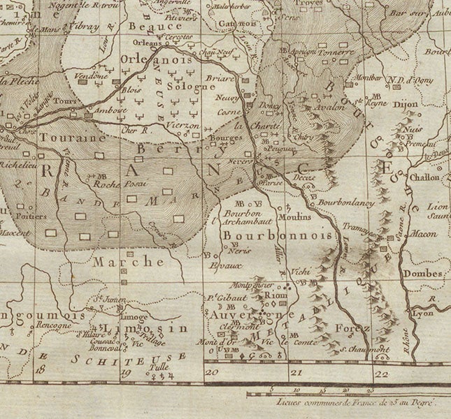 Detail of second mineralogical map, showing Clermont and the Auvergne region at the bottom, where Jean-Étienne Guettard discovered volcanic rocks, in Memoires de l’académie royale des sciences pour 1746 (Linda Hall Library)